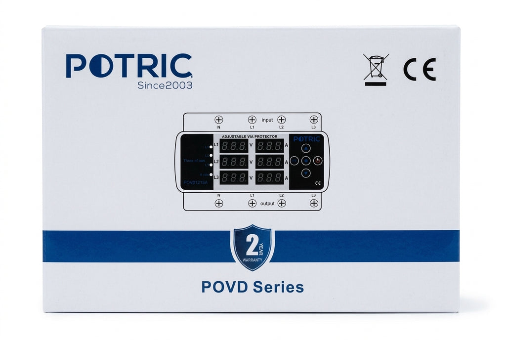 3-Phase Digital Voltage & Current Protector 150A, Triple Display, Phase Unbalance, DIN Rail