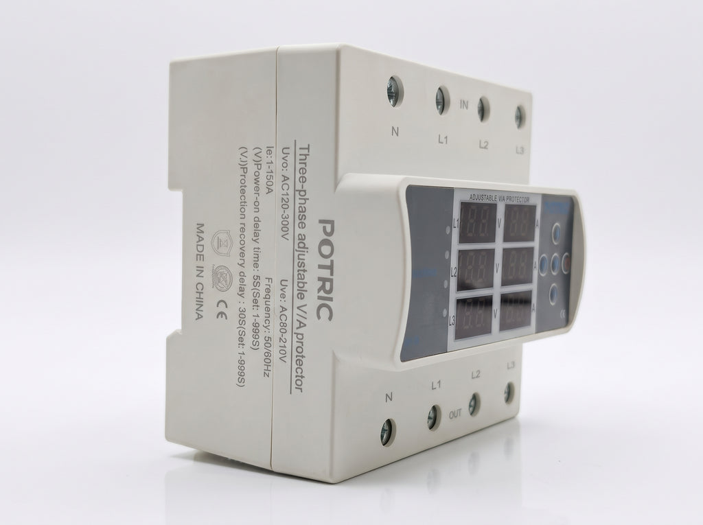 3-Phase Digital Voltage & Current Protector 150A, Triple Display, Phase Unbalance, DIN Rail