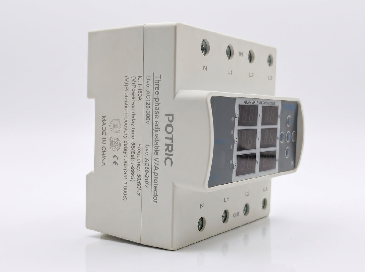 3-Phase Digital Voltage & Current Protector 150A, Triple Display, Phase Unbalance, DIN Rail