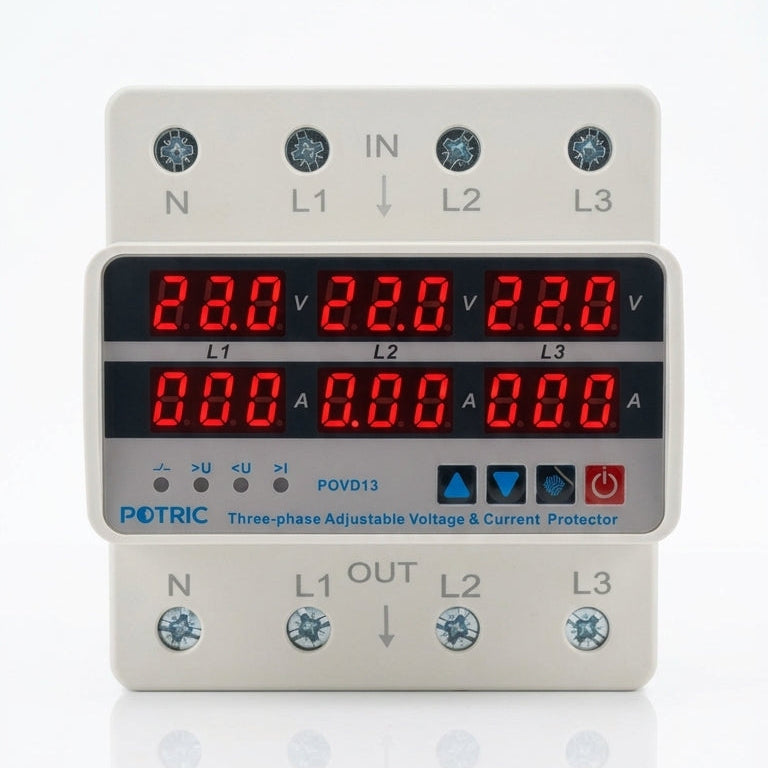 Potric POVD 3-phase digital voltage protector 100A front view