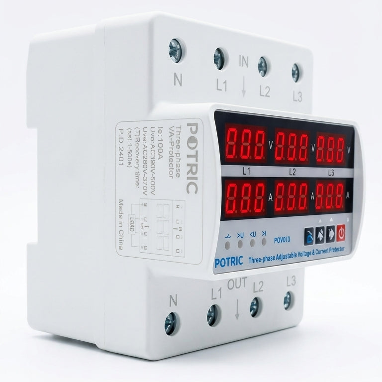 Potric POVD 3-phase digital voltage protector 100A side view