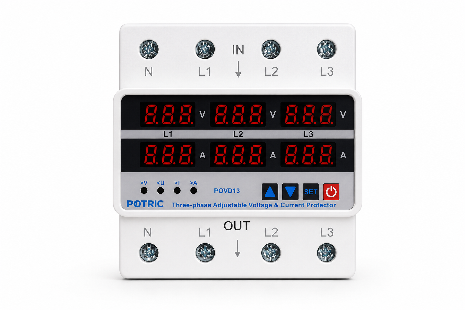 POVD 3P Digital Voltage Protector Device, 100A–150A, 18 Functions, Dual Digital Display, 220V AC