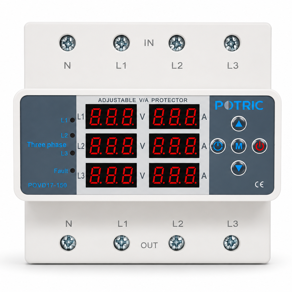 3-Phase Digital Voltage & Current Protector 150A, Triple Display, Phase Unbalance, DIN Rail