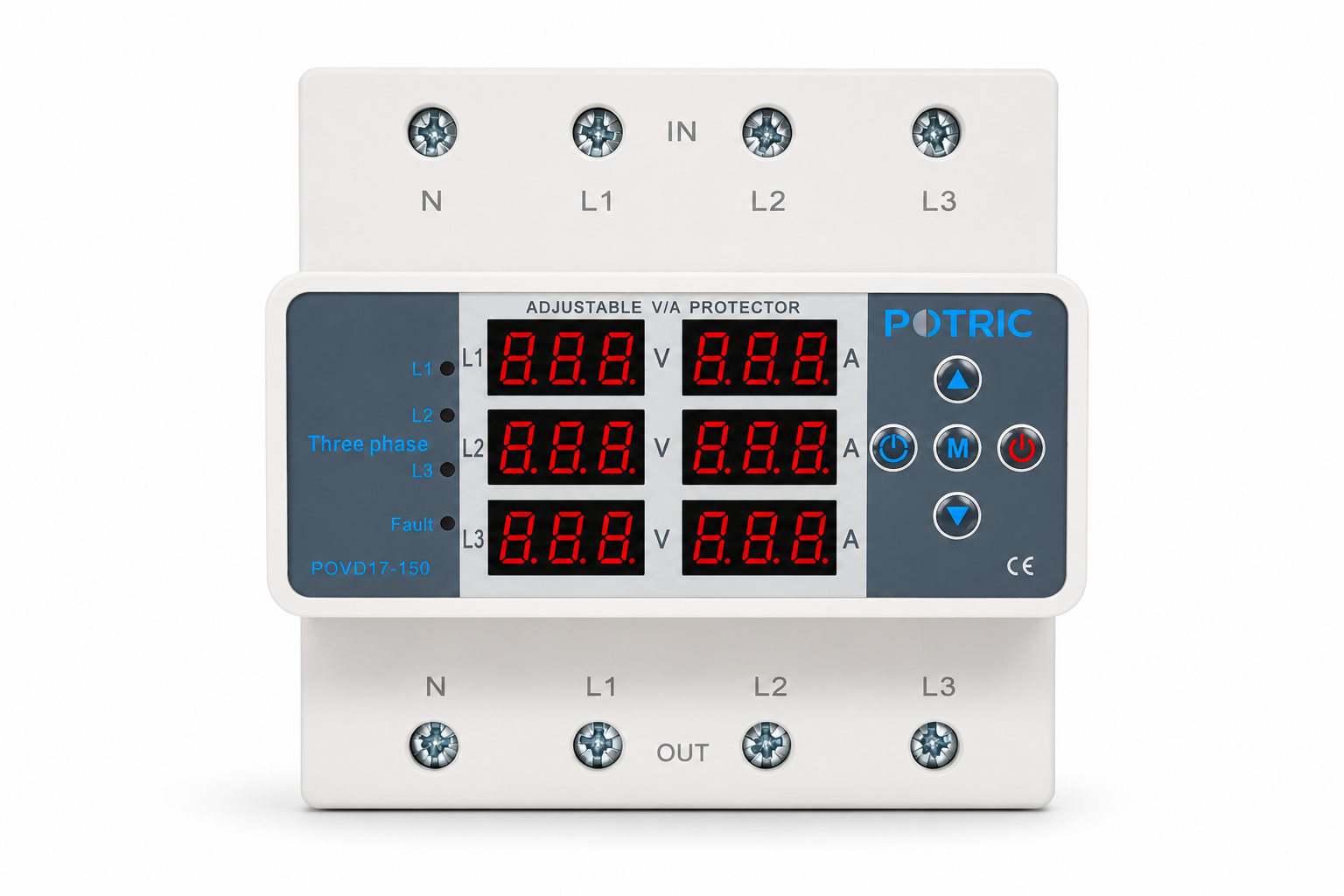 POVD 3P Digital Voltage Protector Device, 100A–150A, 18 Functions, Dual Digital Display, 220V AC