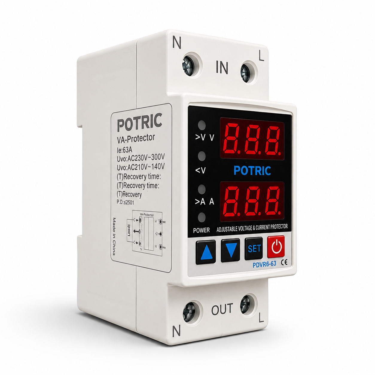 POVD Digital Voltage Protector Device, 63A–80A, 6 Functions, Dual Digital Display, 220V AC