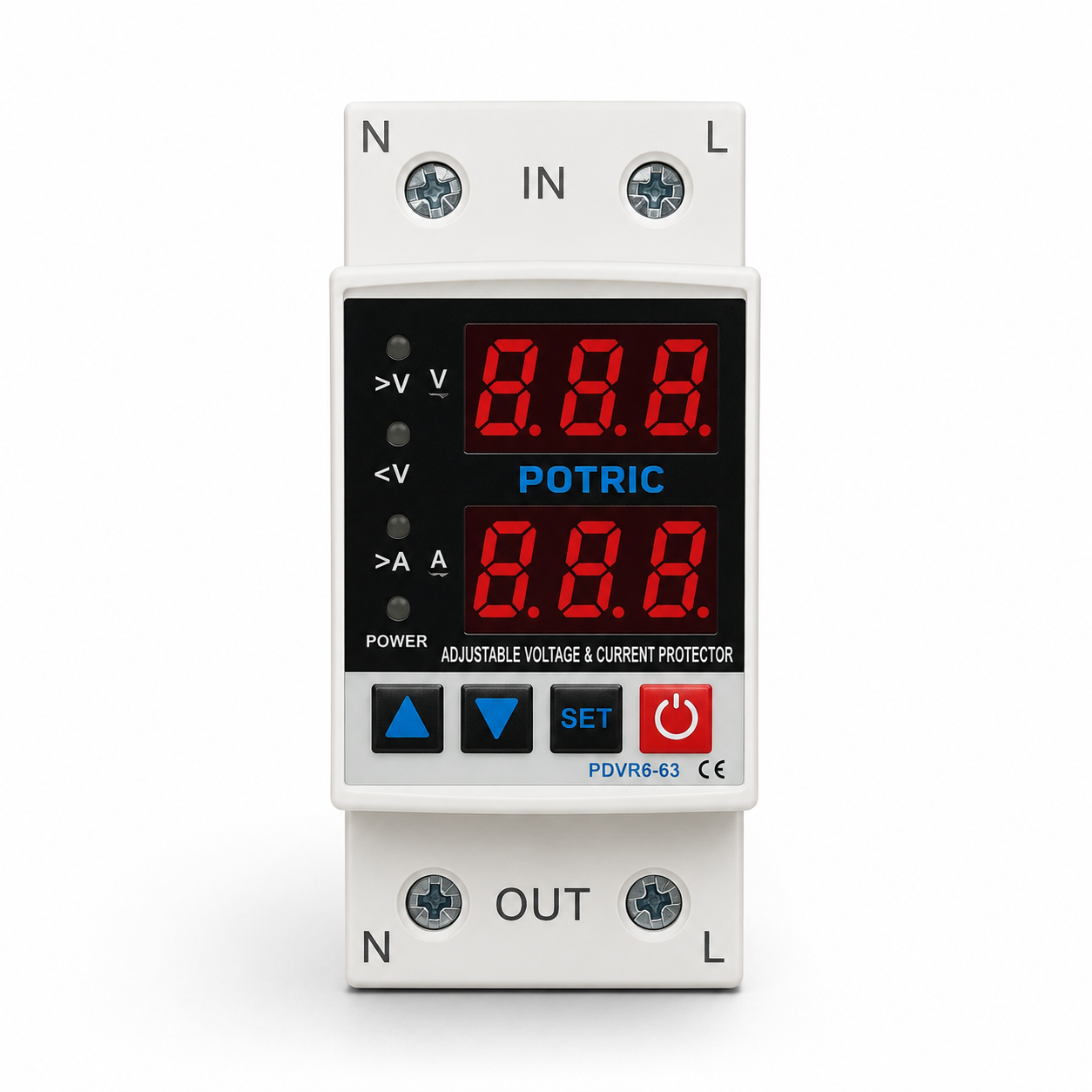 POVD Digital Voltage Protector Device, 63A–80A, 6 Functions, Dual Digital Display, 220V AC