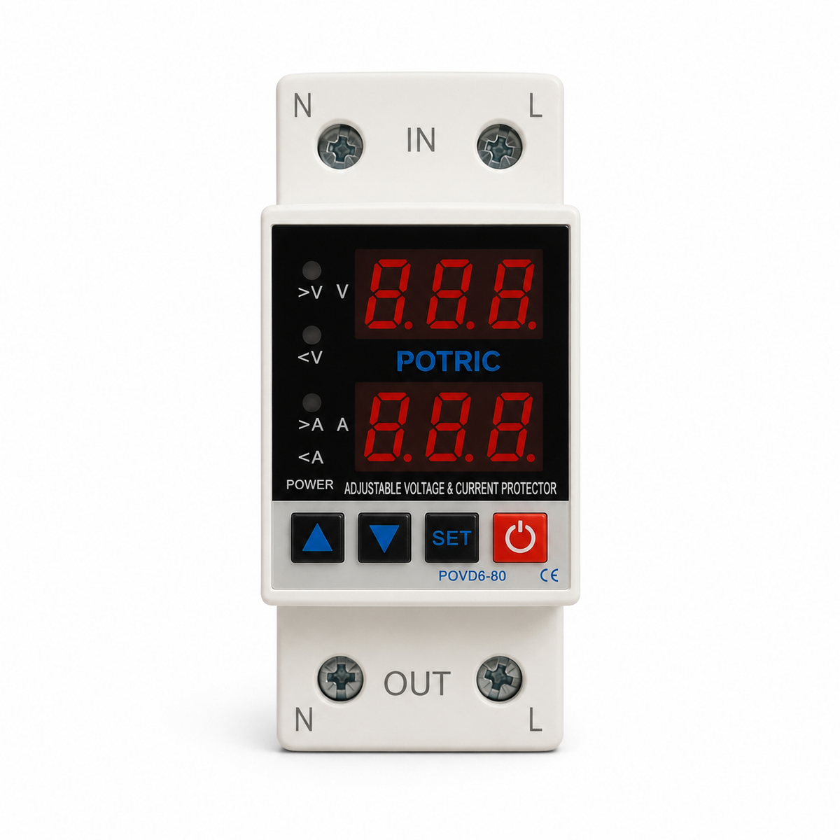 POVD Digital Voltage Protector Device, 63A–80A, 6 Functions, Dual Digital Display, 220V AC