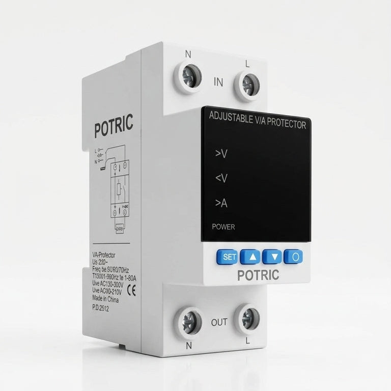 Potric POVD digital voltage protector 63A 80A dual display side view
