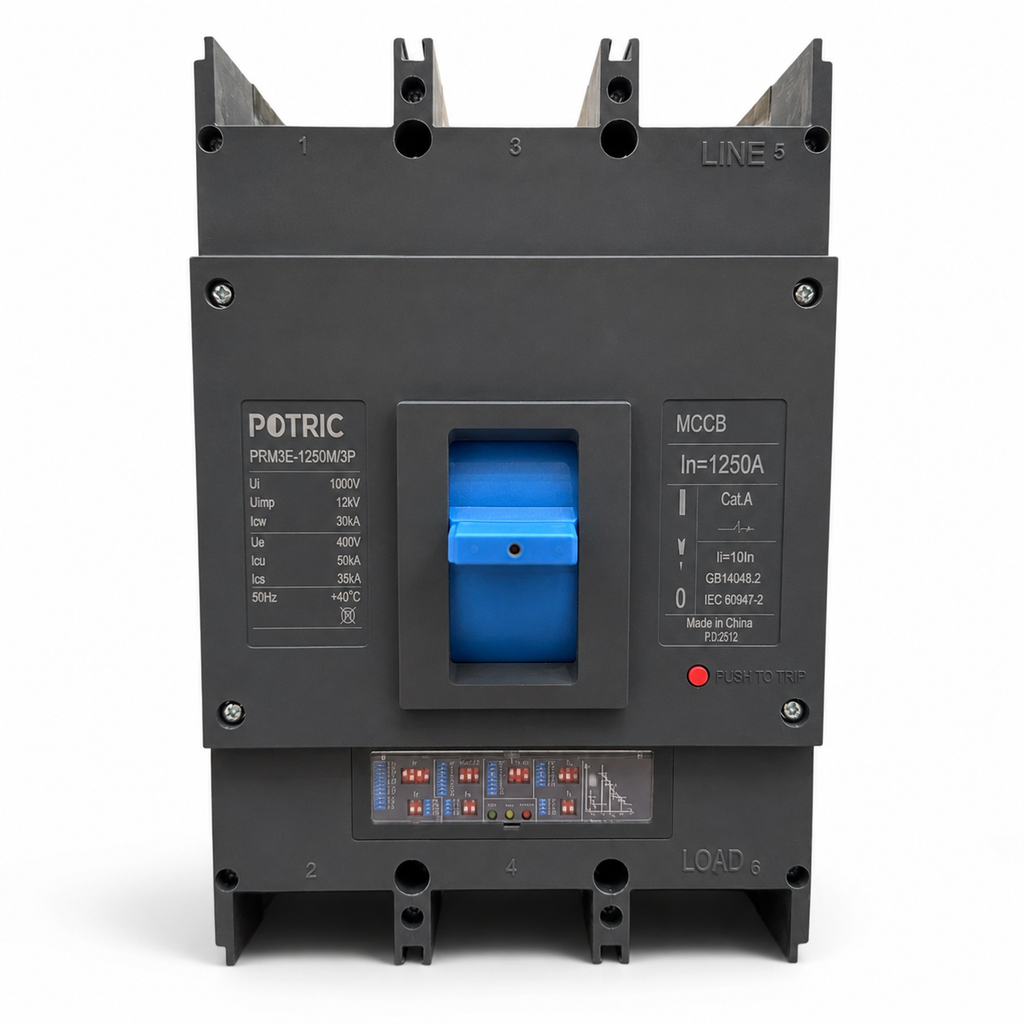 Potric PRM6e Adjustable MCCB 3 Pole 50kA 415VAC Molded Case Circuit Breaker 1250A