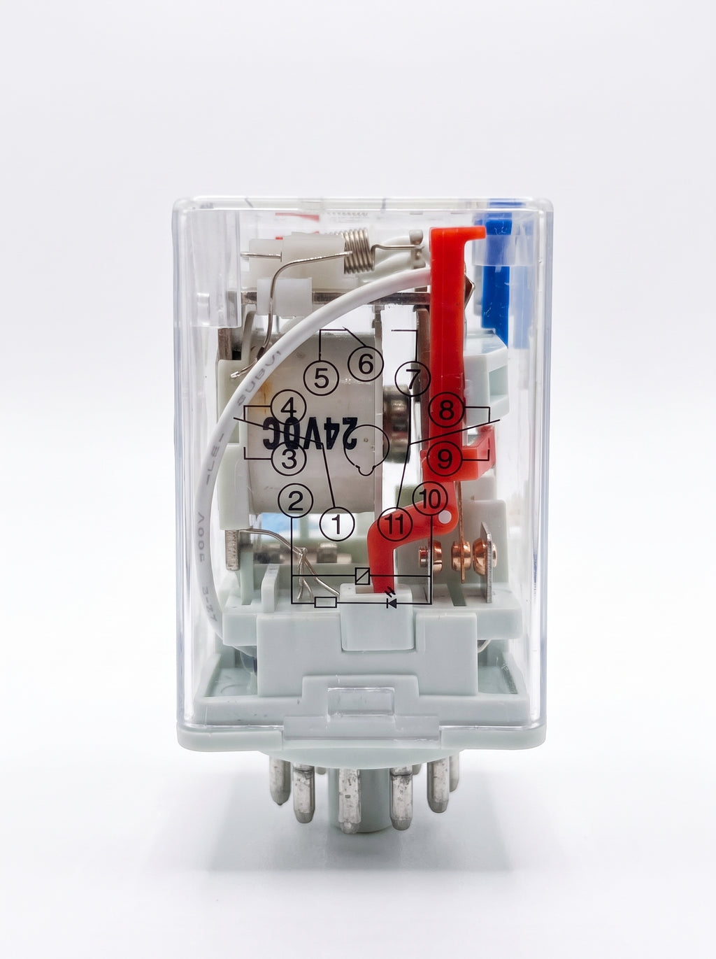 Front view of the Potric 11-pin industrial control relay with 10A rating and AC coil configuration.