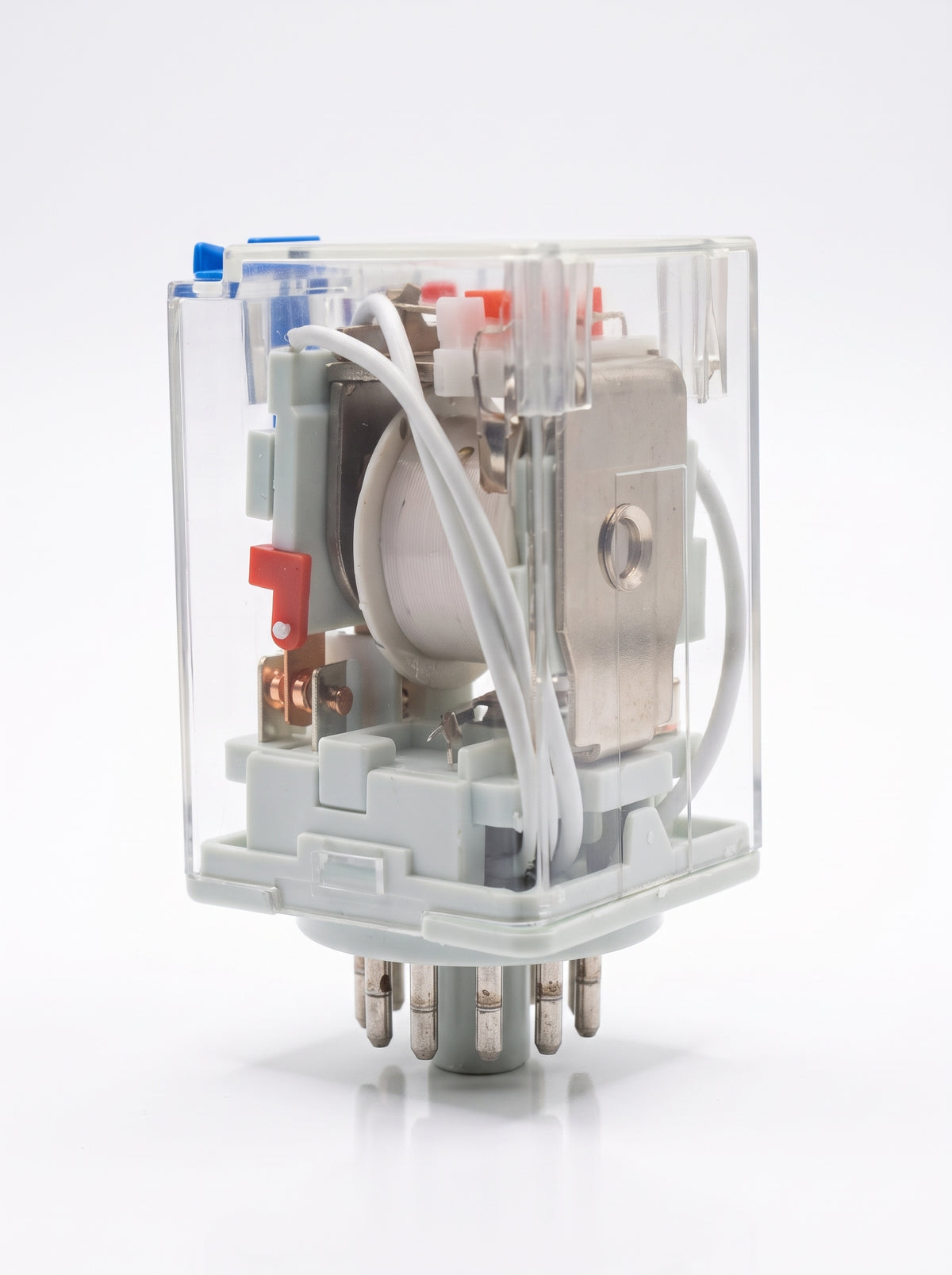 Side profile showing the pin arrangement and housing of the Potric 10A multi-voltage AC relay.