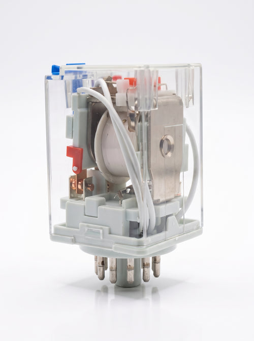 Side profile showing the pin arrangement and housing of the Potric 10A multi-voltage AC relay.