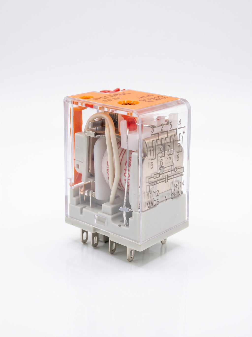 Side profile showing the transparent housing and pin configuration of the Potric 5A cube relay.