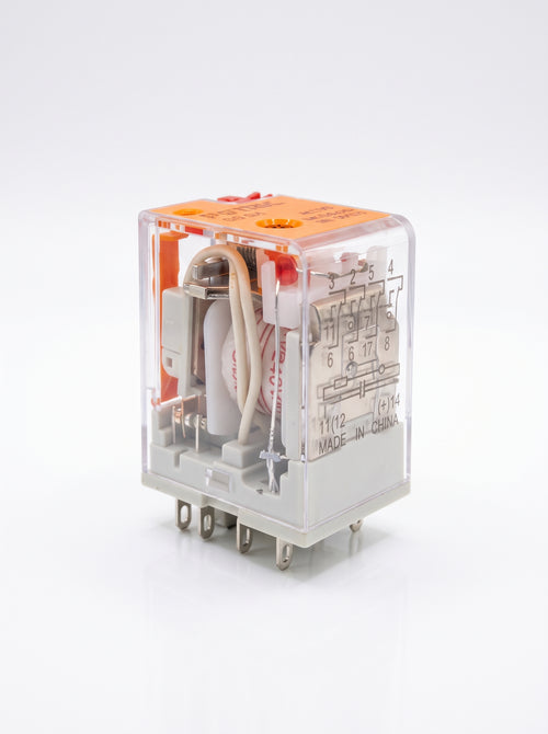 Side profile showing the transparent housing and pin configuration of the Potric 5A cube relay.