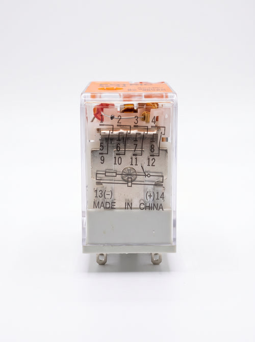 Front view of the Potric 14-pin cube control relay with 5A rating and 220VAC coil.