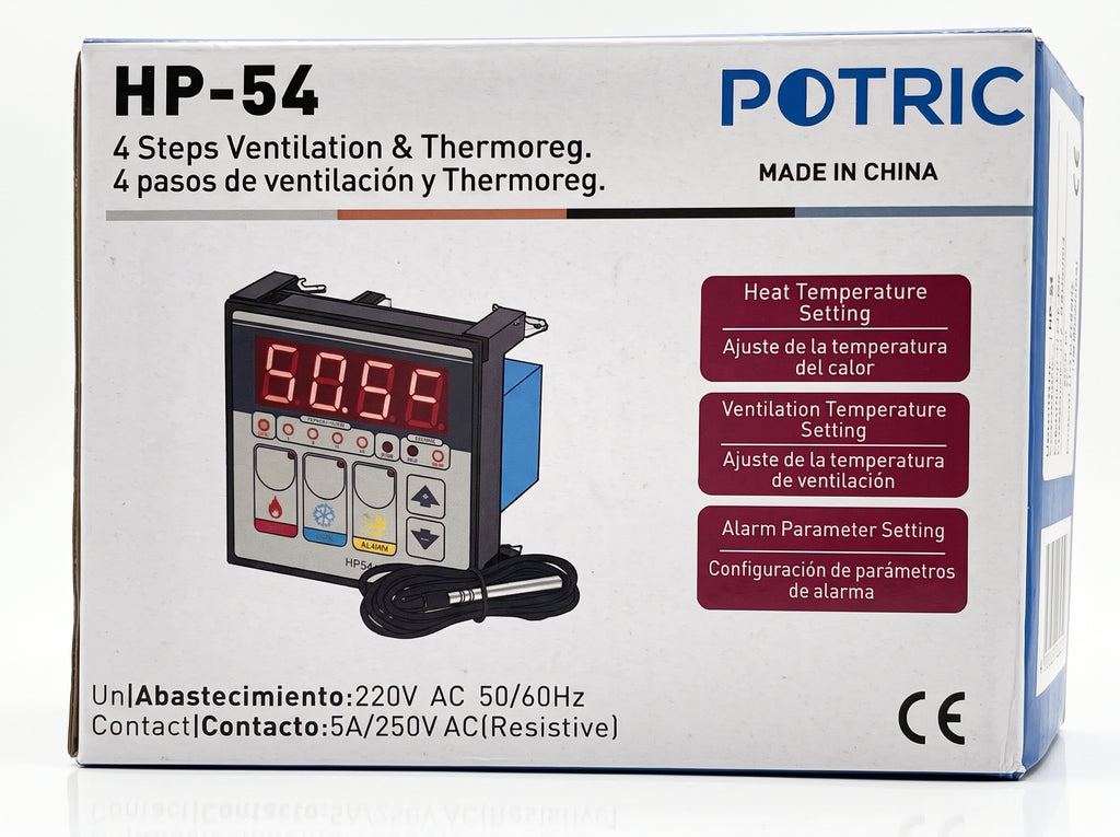 Commercial industrial packaging and protective box for the Potric HP-54 multi-stage climate and ventilation controller.