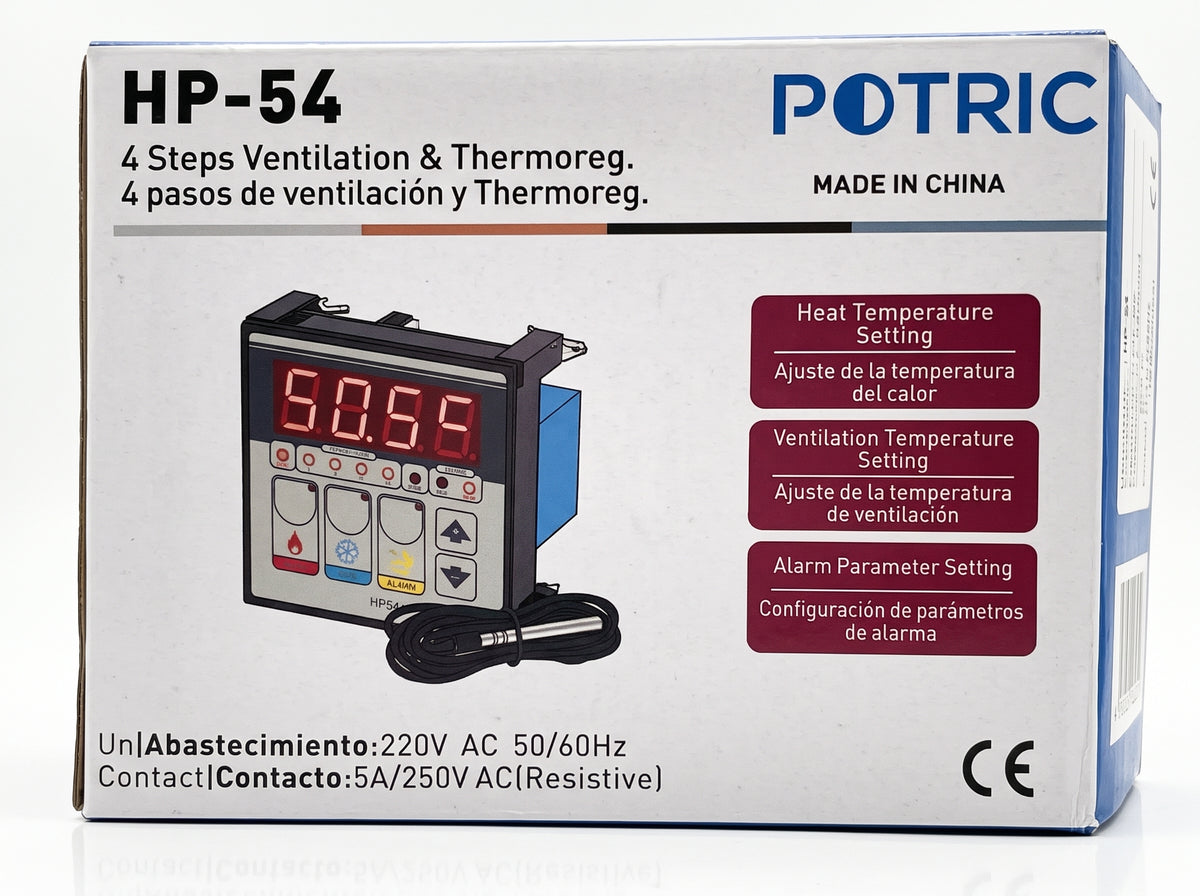 Commercial industrial packaging and protective box for the Potric HP-54 multi-stage climate and ventilation controller.