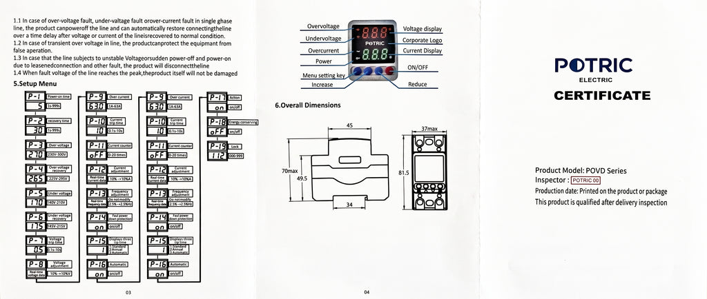 Potric POVD-6063A voltage protector datasheet with P-1 to P-19 setup menu and adjustable ranges