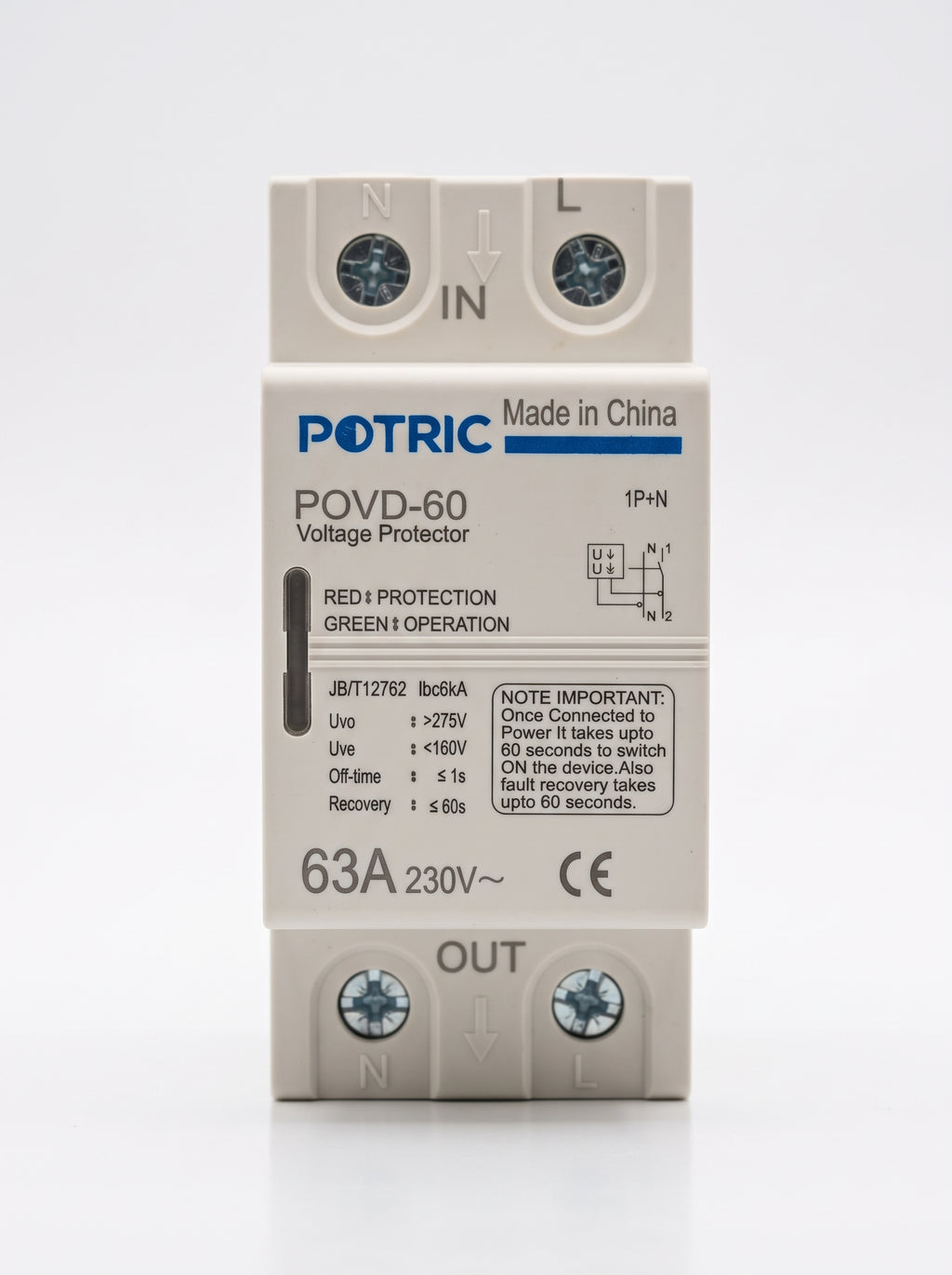Potric POVD-6063A 63A digital voltage protector dual display front view