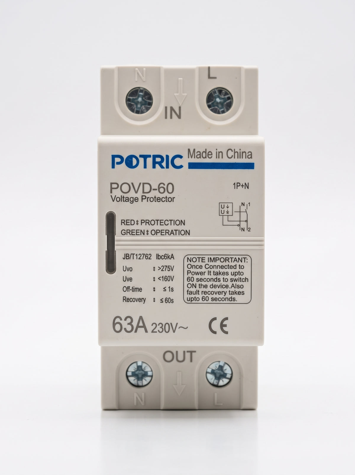 Potric POVD-6063A 63A digital voltage protector dual display front view