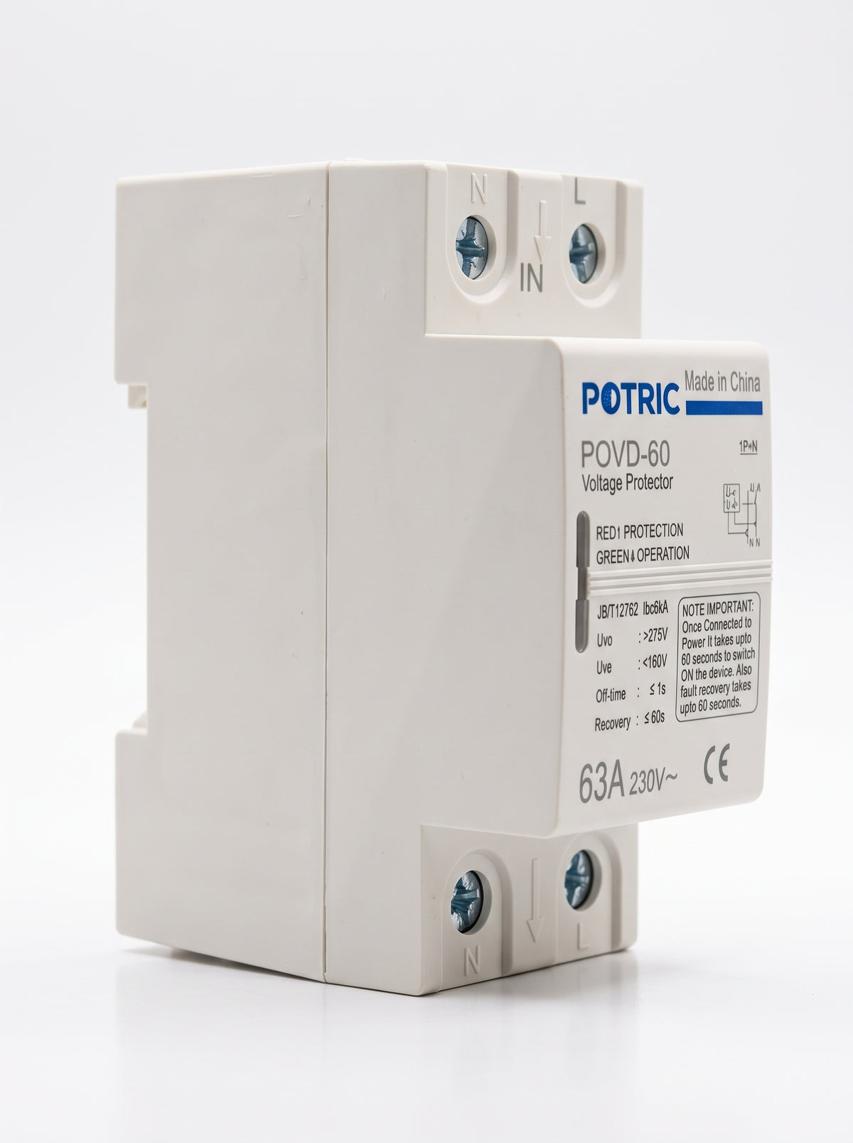 Potric POVD-6063A voltage protector side view for DIN rail mounting