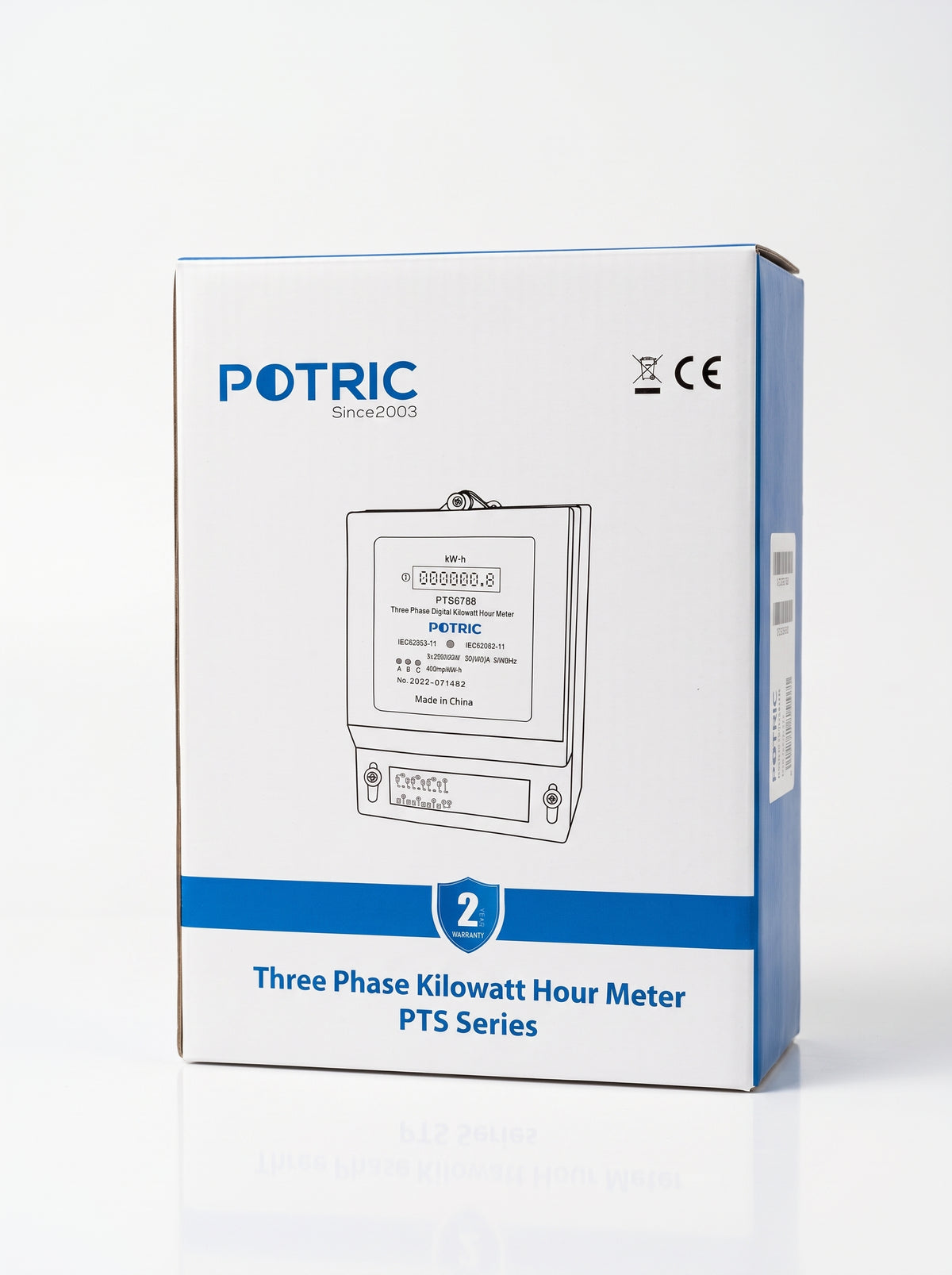 Industrial packaging and user manual documentation for Potric three-phase electricity meters.