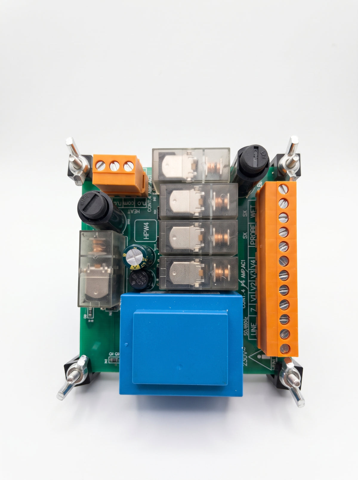 Rear panel view showing the screw terminal blocks, wiring connections, and fuse holders on the Potric HP-54 controller.