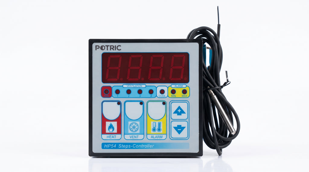 Front display panel of the Potric HP-54 climate controller displayed alongside its NTC temperature sensor probe and mounting accessories.