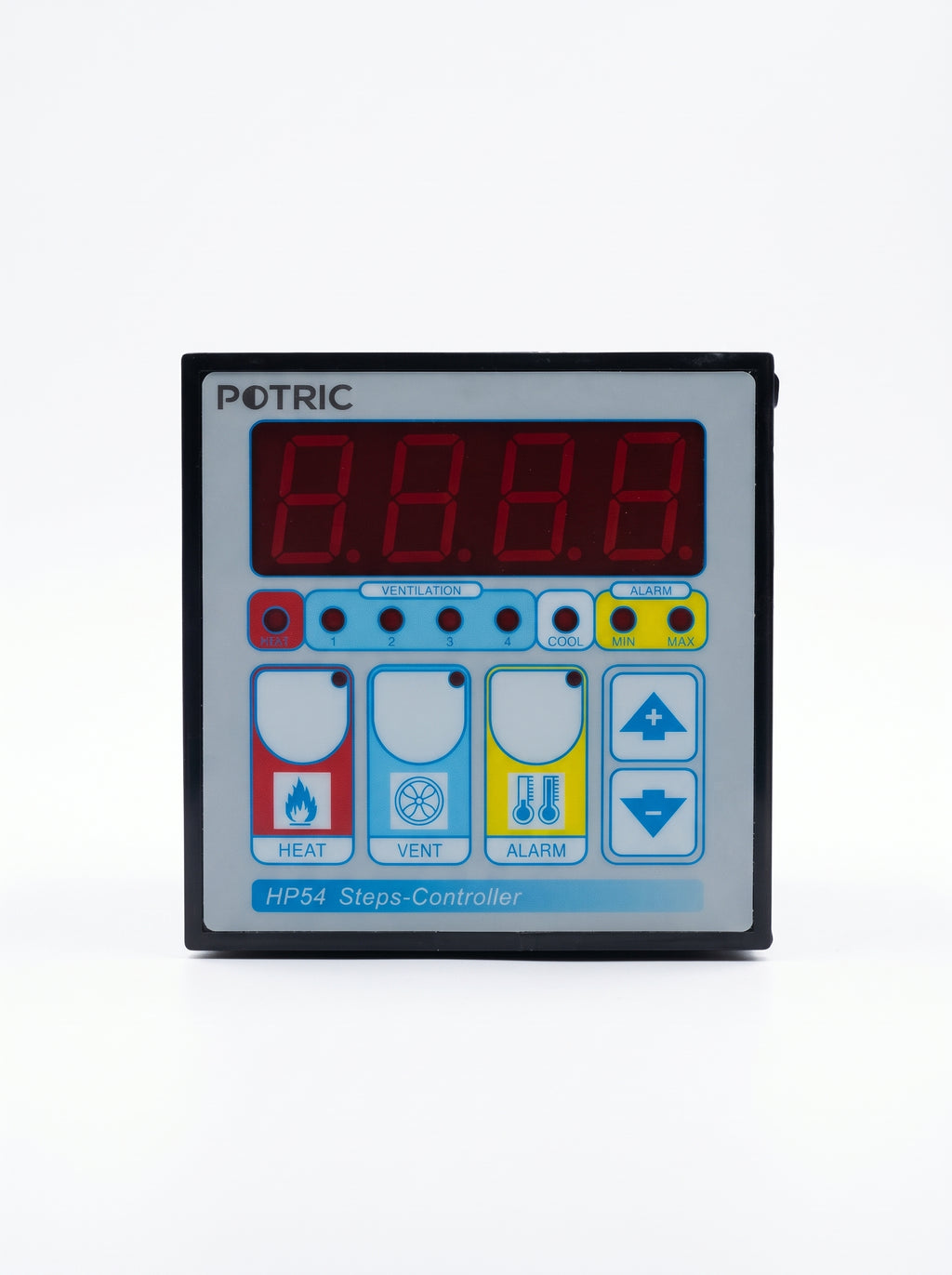 Front view of the Potric HP-54 digital 4-step ventilation and temperature controller with LED display