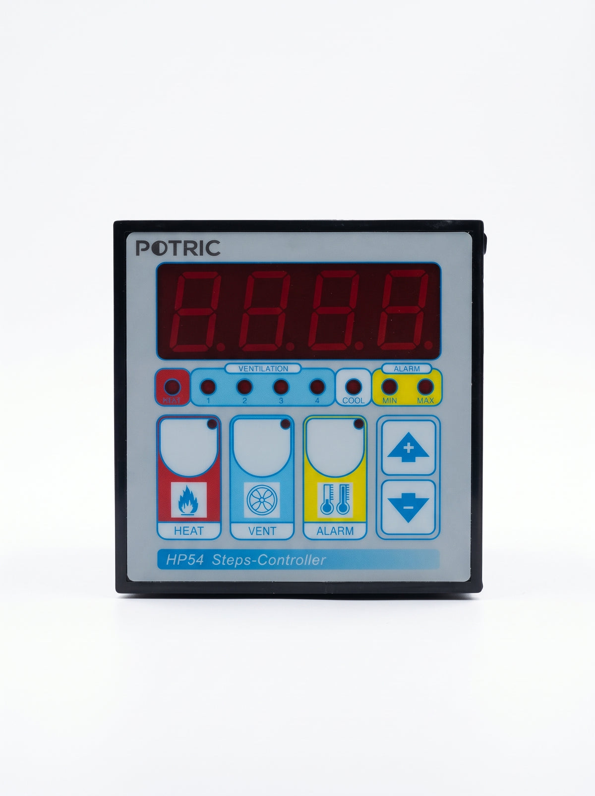 Front view of the Potric HP-54 digital 4-step ventilation and temperature controller with LED display
