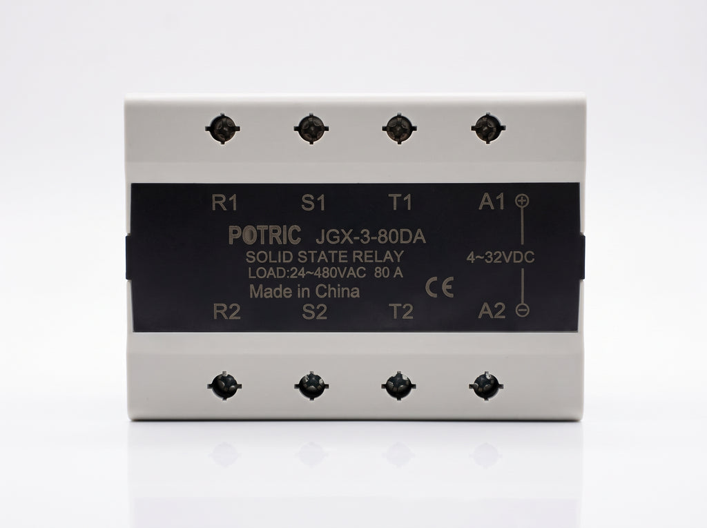 Front view of the Potric JGX-3 three-phase solid-state relay with DC control and AC load terminal