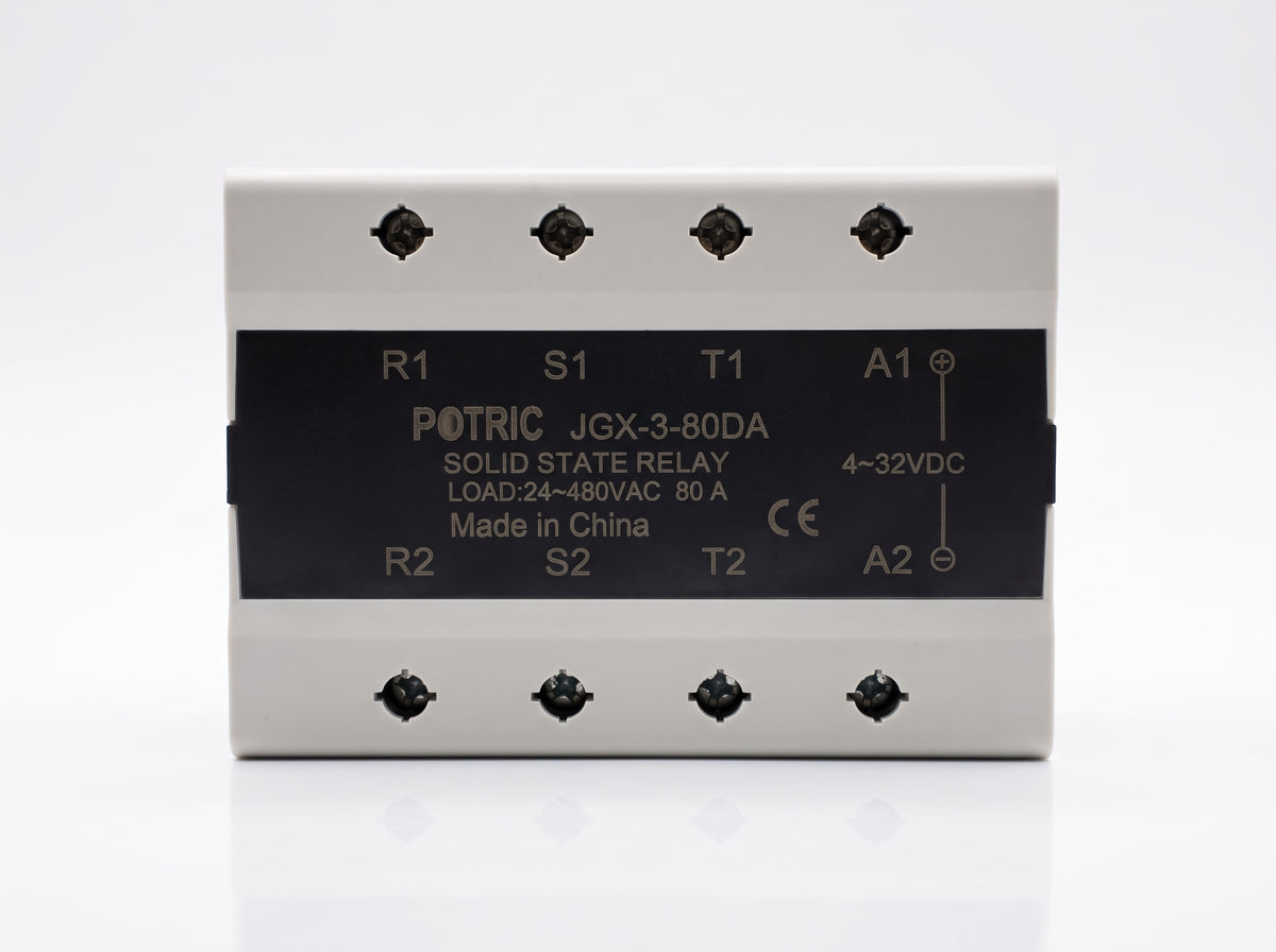 Front view of the Potric JGX-3 three-phase solid-state relay with DC control and AC load terminal