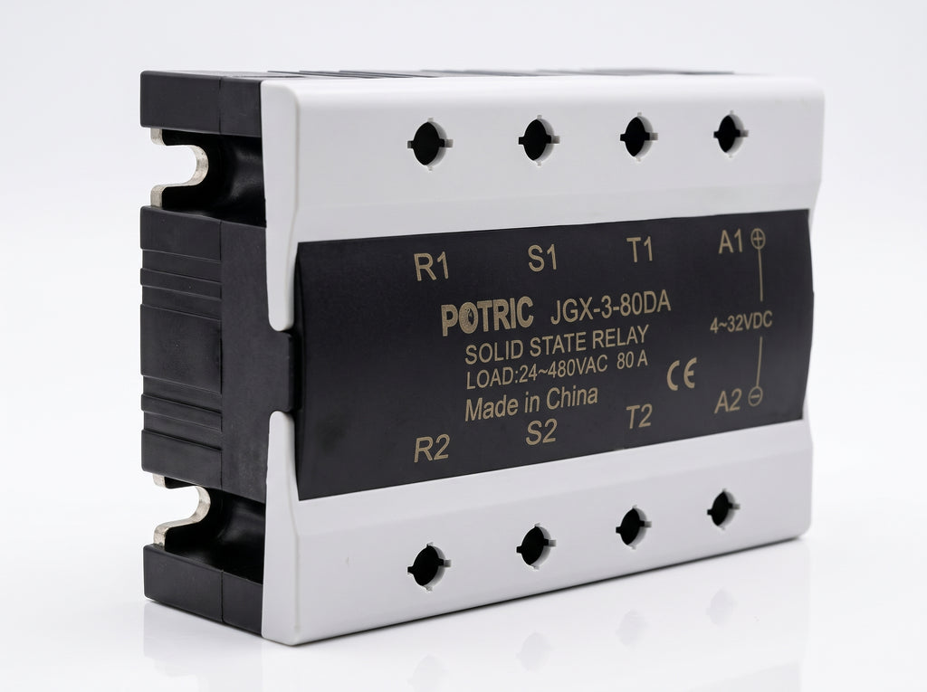 Side profile showing the aluminum baseplate and housing of the Potric JGX-3 industrial relay.