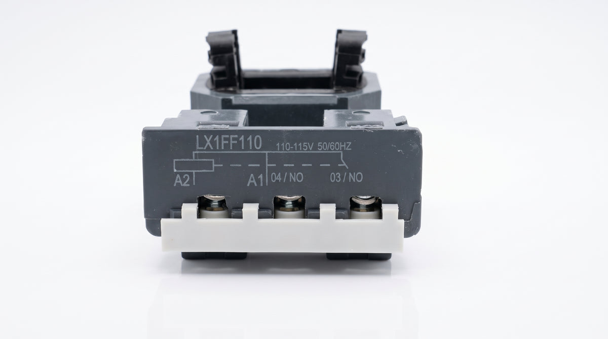 Side profile showing the copper winding block and core configuration of the Potric LX1-FF contactor coil.