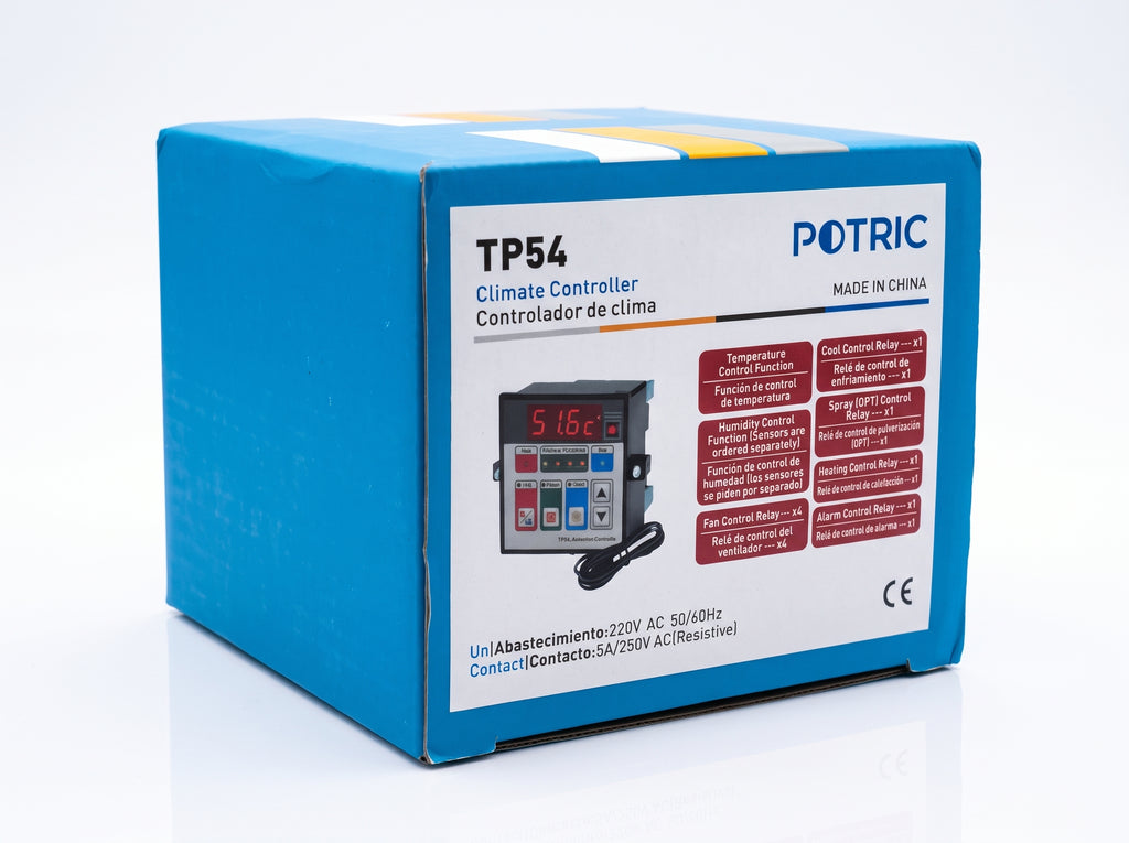 Industrial commercial packaging box and protective casing for the Potric TP-54 ventilation and temperature controller.