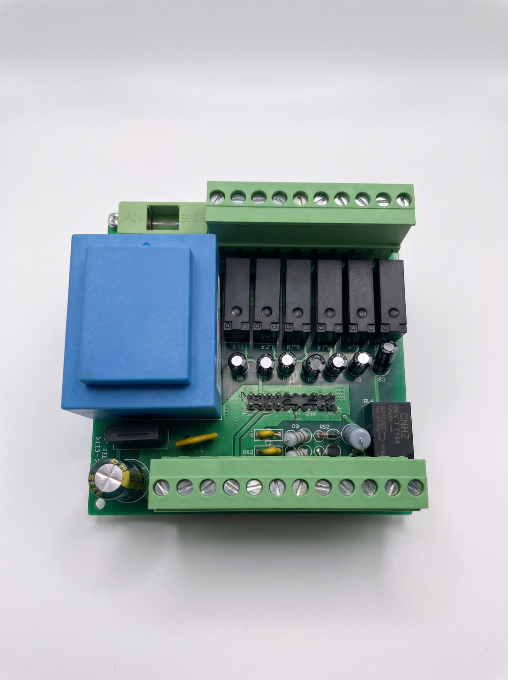 Rear panel view detailing the screw terminal blocks, power connections, relay outputs, and sensor wiring ports on the Potric TP-54.