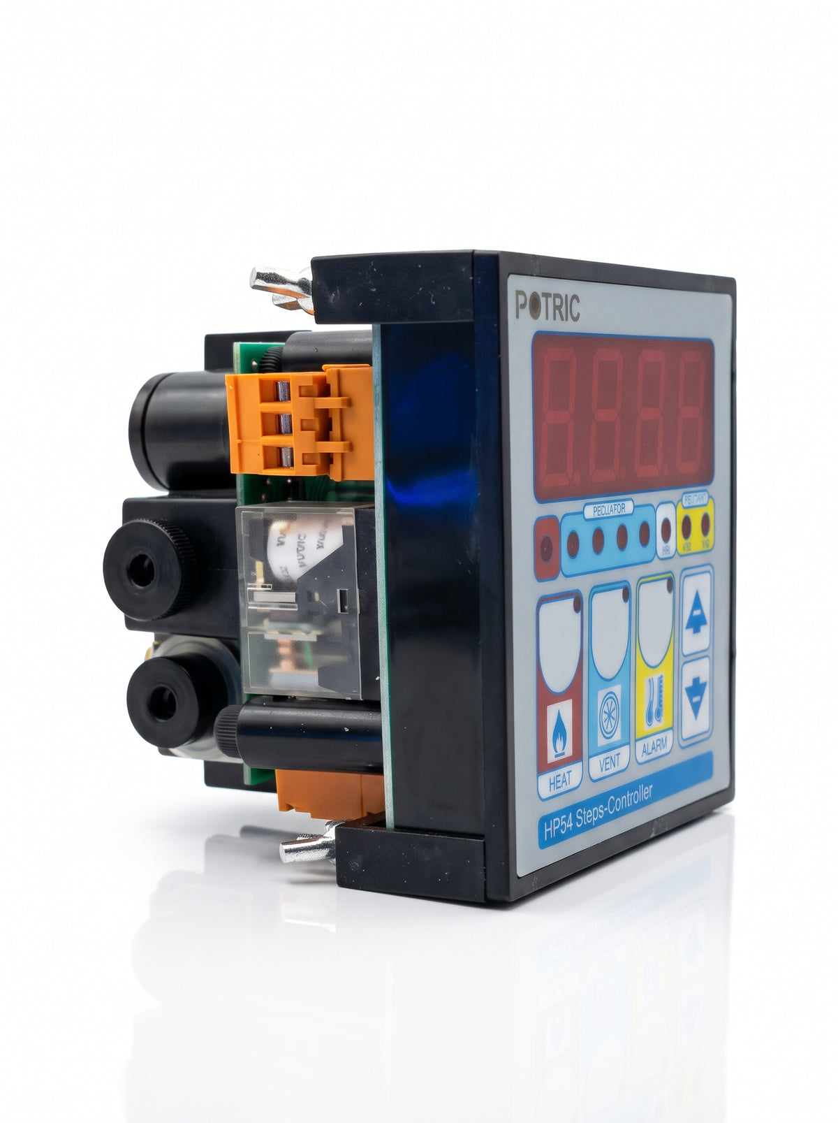 Side profile view showing the mounting enclosure and depth dimensions of the Potric TP-54 multi-stage climate controller.